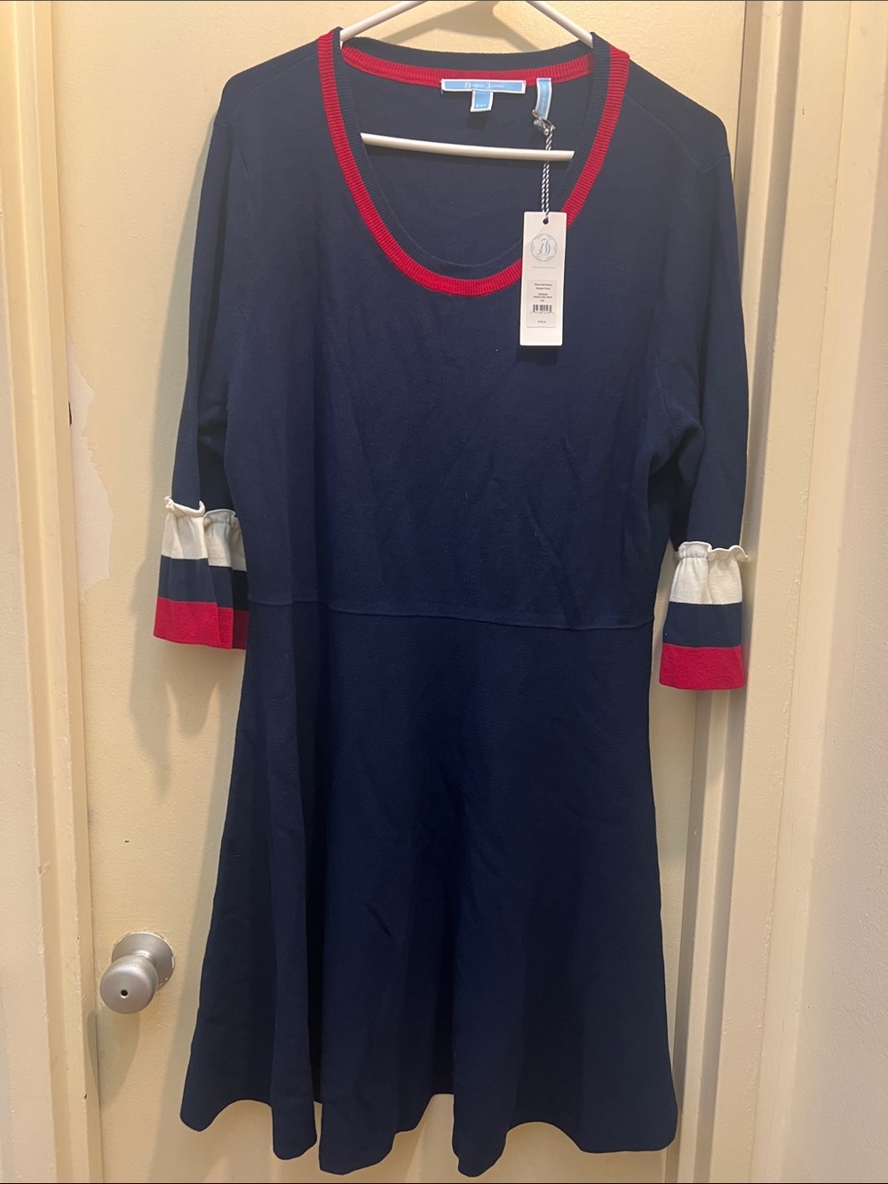Draper James Navy Knit Dress with Red and White Trim